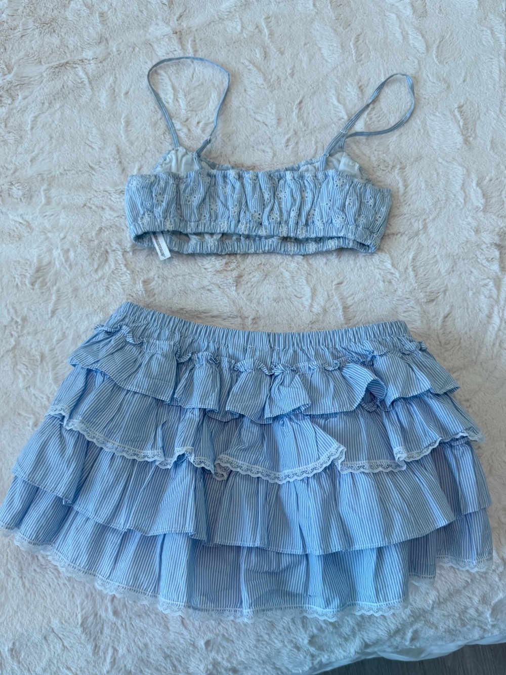 Linen Sunday Best Light Blue Striped Ruffle Two-Piece Set
